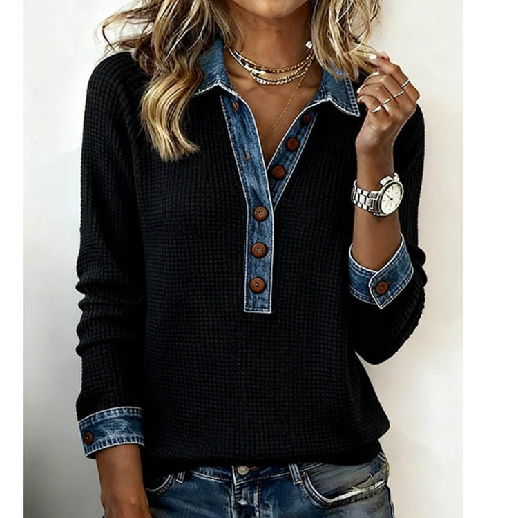 Damen Gerippter Pullover mit Jeanskragen und Knopfleiste Drune