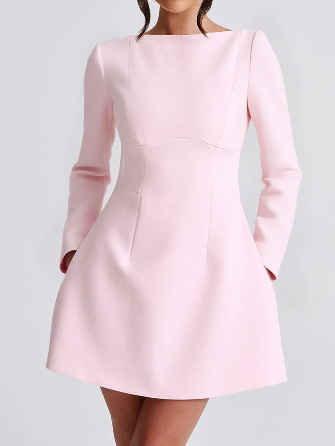 Damen nan tailliertes A-Linien Kleid mit U-Boot-Ausschnitt, langer Arm und dezenten Eingrifftaschen Drune
