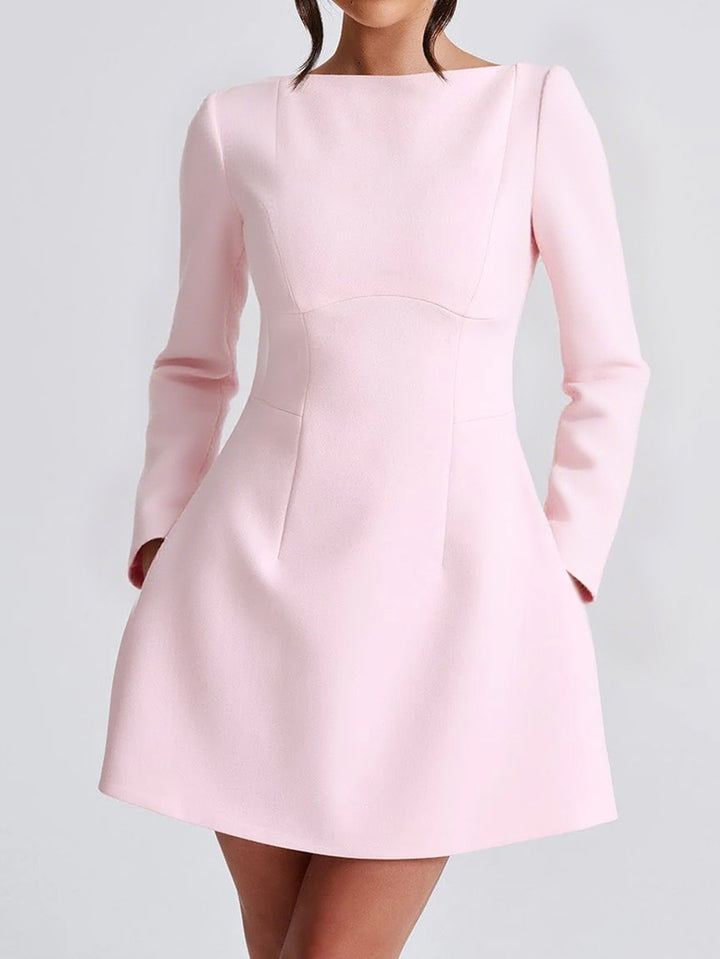Damen nan tailliertes A-Linien Kleid mit U-Boot-Ausschnitt, langer Arm und dezenten Eingrifftaschen Drune
