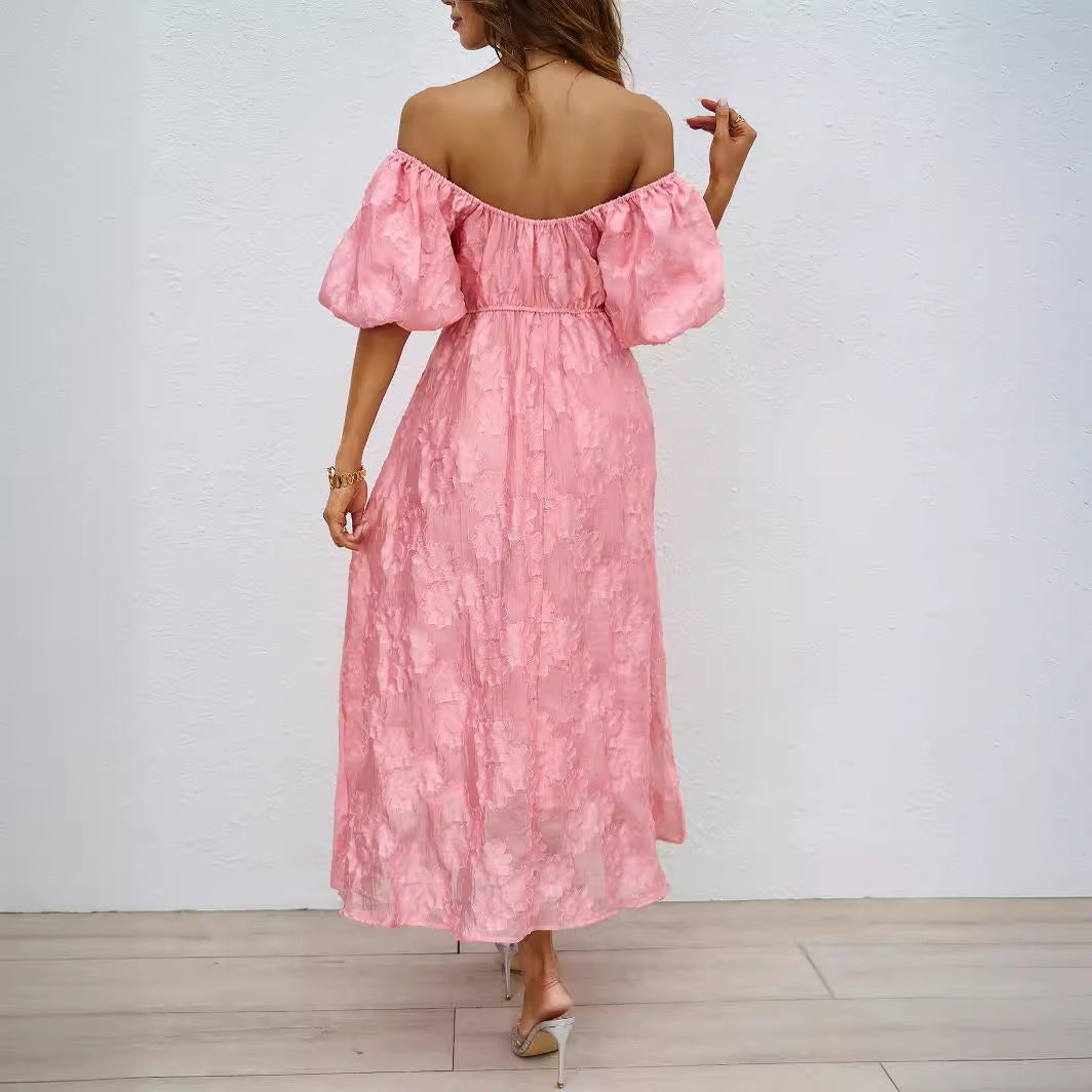 Damen elegantes Maxi-Kleid mit floralem Relief und schulterfreiem Design Drune