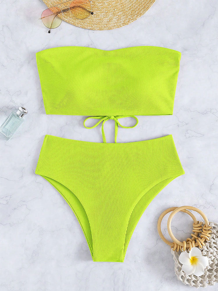 Damen Bandeau-Bikini mit hohem Bund und Rippdesign Drune