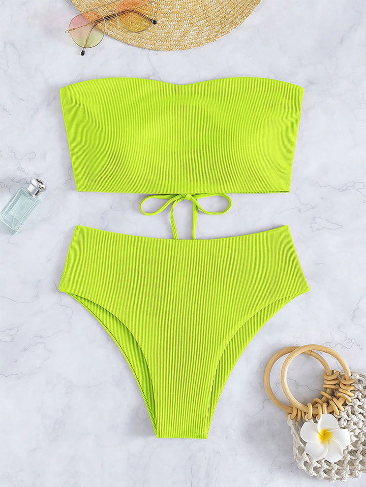 Damen Bandeau-Bikini mit hohem Bund und Rippdesign Drune