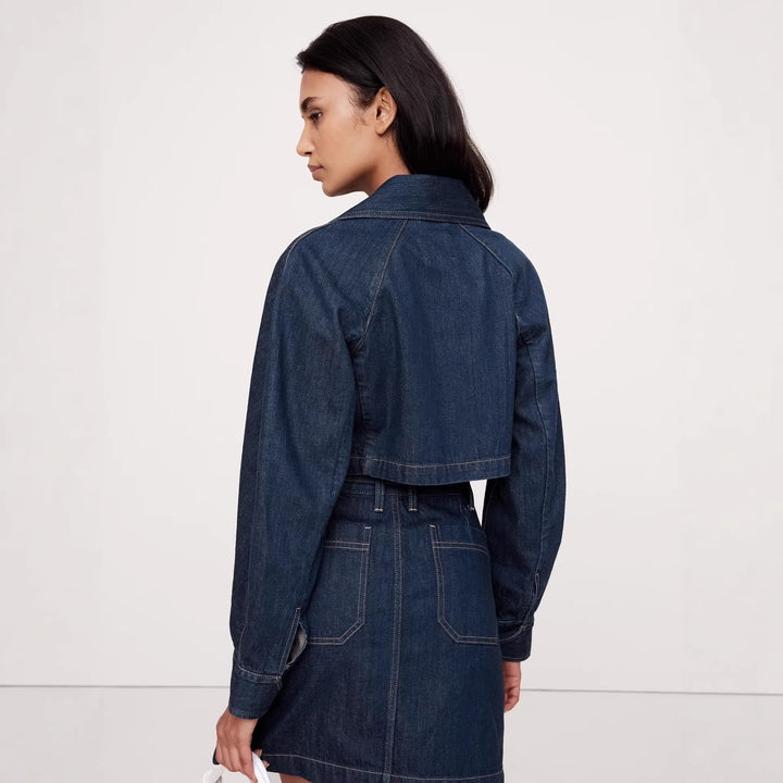 Damen nan Cropped-Denim-Zweiteiler mit kurzer Jeansjacke und tailliertem Minirock Drune