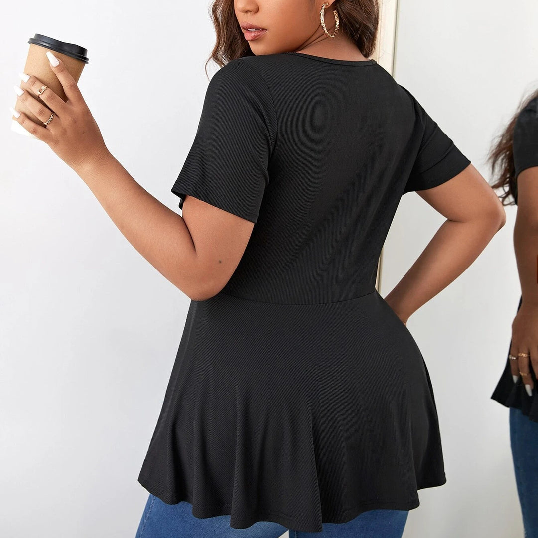 Damen Geripptes Zip-Peplum-Top mit tiefem V-Ausschnitt Drune