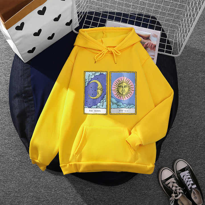 Damen nan leichter Oversize Kapuzenpullover mit Herz‑EKG‑Motiv, langen Kordeln und elastischem Bund Drune