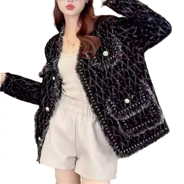Damen Flauschige Strickjacke mit eleganten Knopfdetails und dekorativem Saum Drune