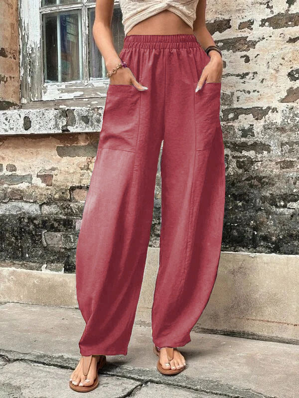 Damen Weite Leinenhose mit elastischem Bund, aufgesetzten Taschen und lässigem Harem-Schnitt Drune