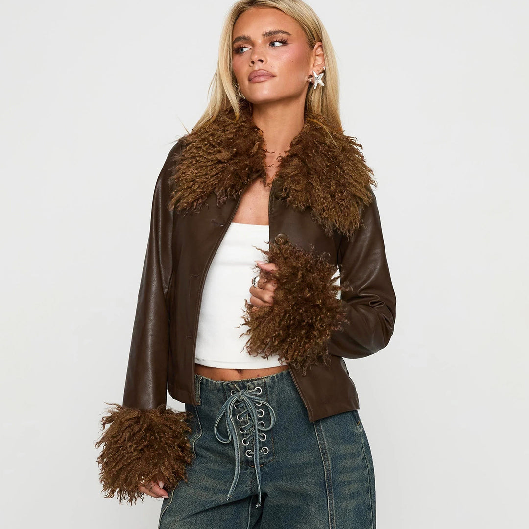 Damen nan kurze Kunstlederjacke mit voluminösem Fellkragen und Fellmanschetten Drune