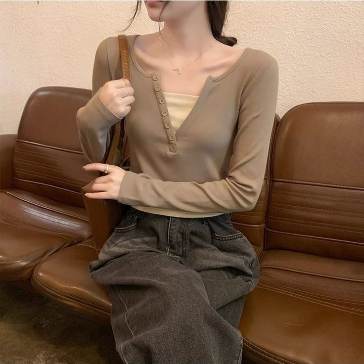Damen Langarmshirt mit Knopfleiste und Rundhalsausschnitt Drune