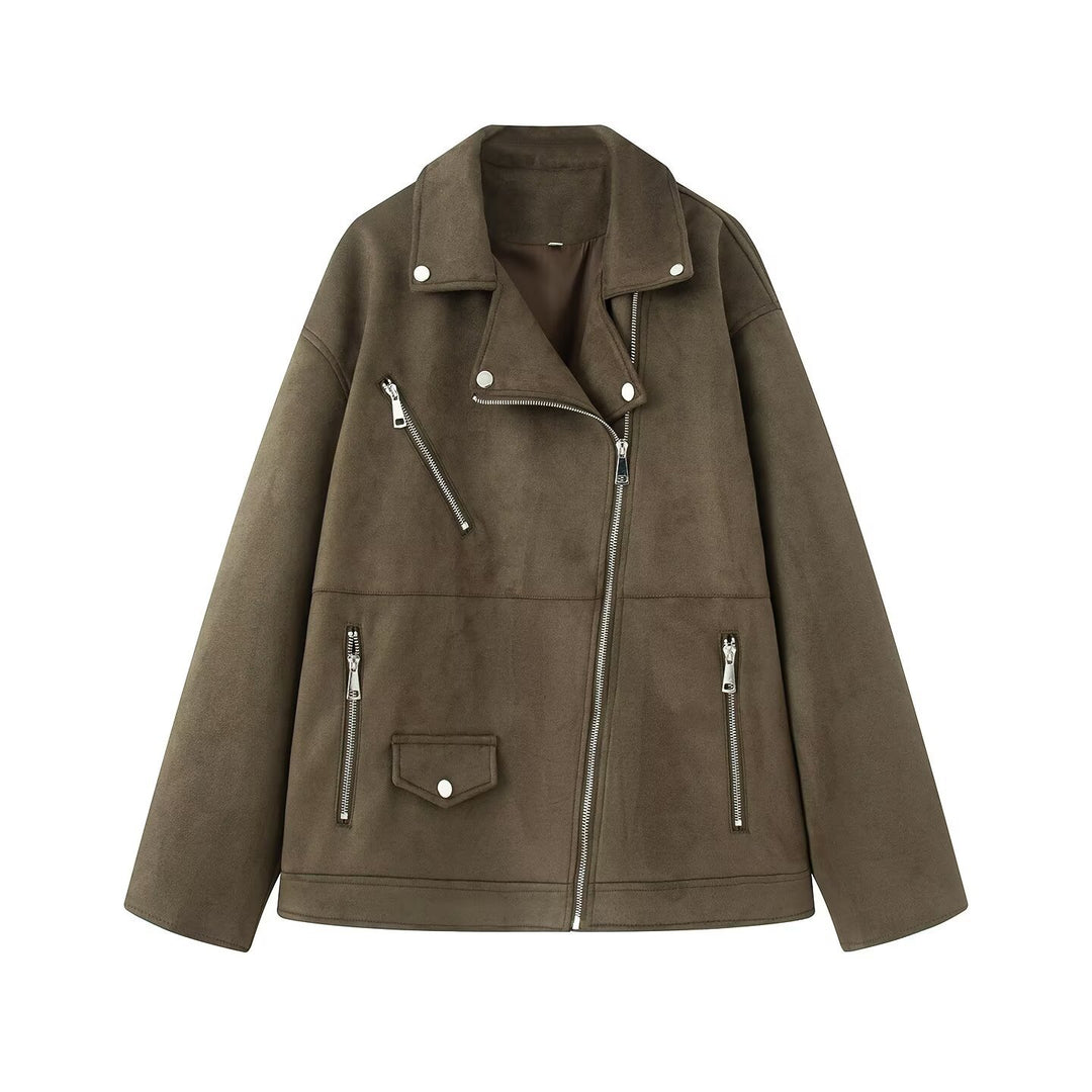 Damen Bikerjacke im Oversized Wildlederoptik mit asymmetrischem Reißverschluss Drune