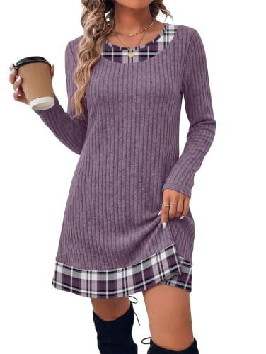 Damen Gerippte Longshirt‑Kleid mit Karierter Saum‑ und Ausschnittblende Drune