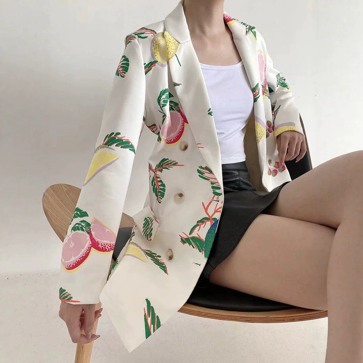 Damen Doppelreihiger Oversize-Blazer aus leichter Webware mit farbigem Zitrus-Print Drune