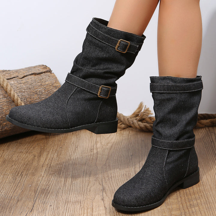 Damen Stiefeletten mit modischem Falten-Design und verstellbarem Riemen Drune
