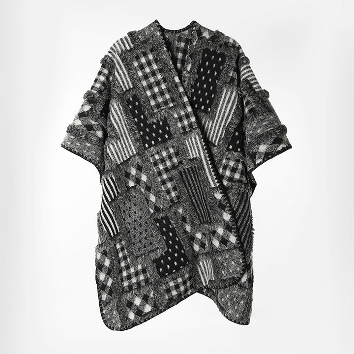 Damen Oversize-Patchwork-Cape im Bouclé- und Jacquard‑Mix mit kastiger Kurzarm-Silhouette Drune