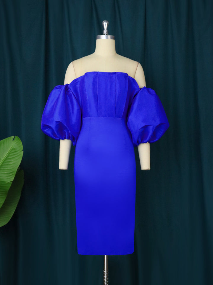 Damen figurbetontes Kleid mit schulterfreiem Design und voluminösen Puffärmeln Drune