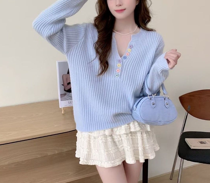 Damen Kuschel-Pullover mit Knopfleiste und Rundhalsausschnitt Drune