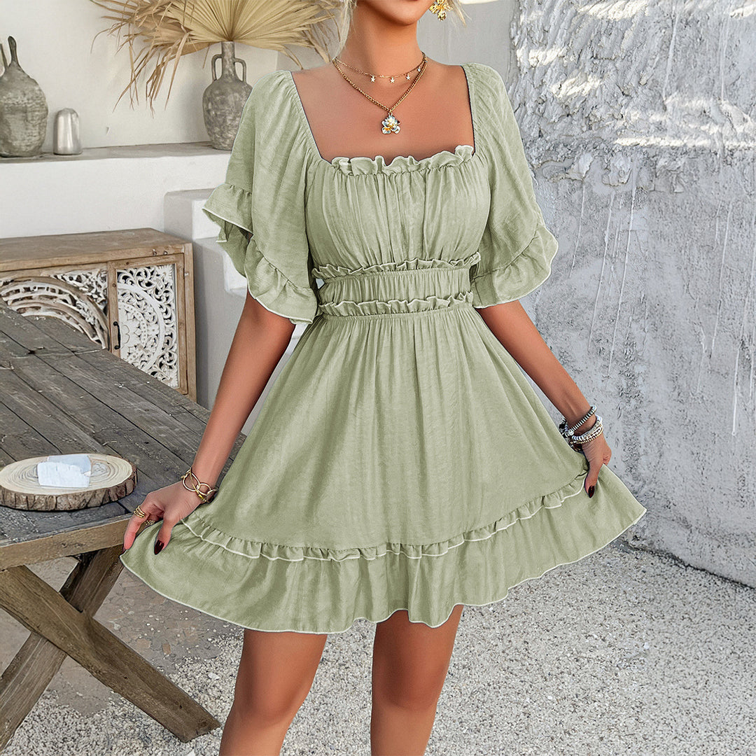 Damen romantisches Rüschensommerkleid mit elastischem Taillenbund Drune