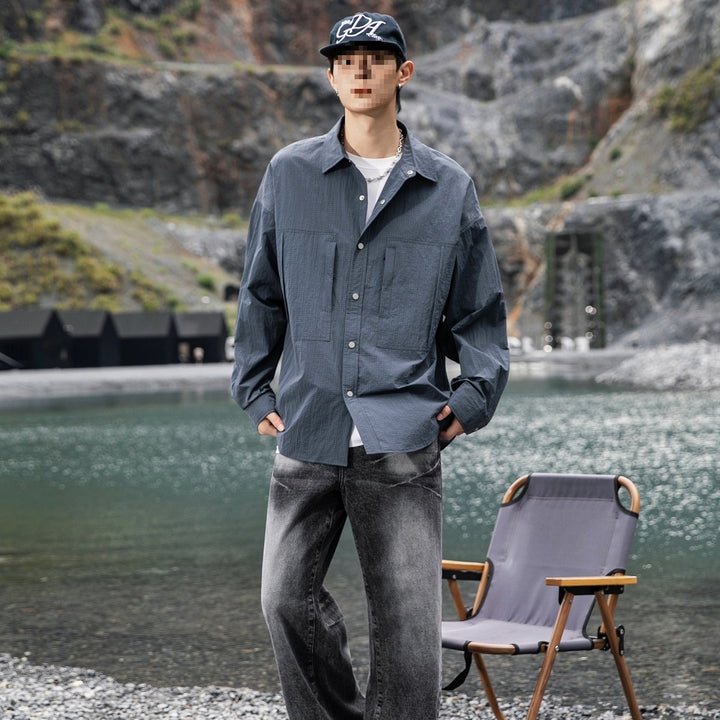 Herren Oversize Utility-Hemdjacke aus Ripstop mit Druckknopfblende und aufgesetzten Taschen Drune
