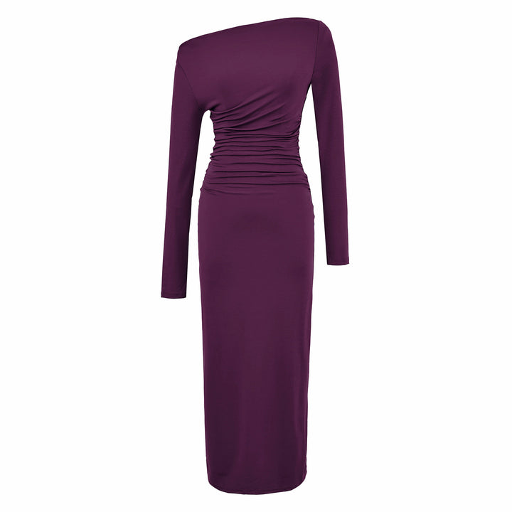 Damen Einschulter-Midikleid mit Langarm und seitlicher Raffung Drune