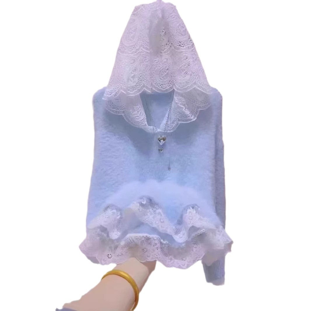 Damen elegante Strickjacke mit Spitzenkante und dekorativem großen Reißverschluss Drune