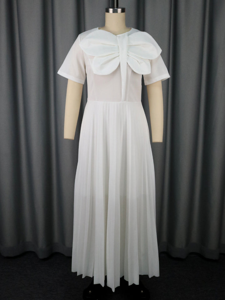 Damen plissiertes Maxikleid mit voluminösem Schleifenkragen Drune