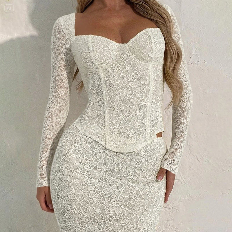 Damen elegante Spitzenbluse mit langem Arm und tailliertem Schnitt Drune