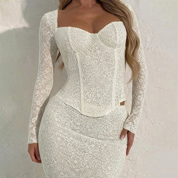 Damen elegante Spitzenbluse mit langem Arm und tailliertem Schnitt Drune