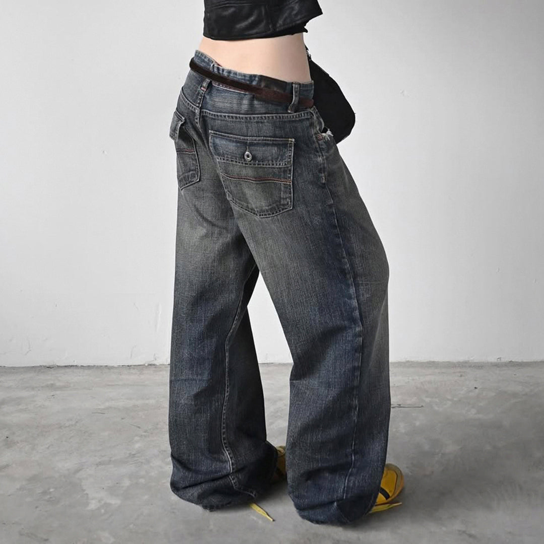 Damen High-Waist Jeans mit weitem Bein und stufenförmiger Waschung Drune