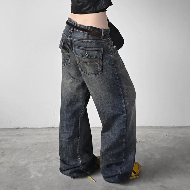 Damen High-Waist Jeans mit weitem Bein und stufenförmiger Waschung Drune