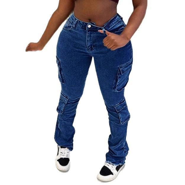 Damen Hochtaillierte Cargo-Jeans mit Mehrfach-Pattentaschen & ausgestelltem Saum Drune