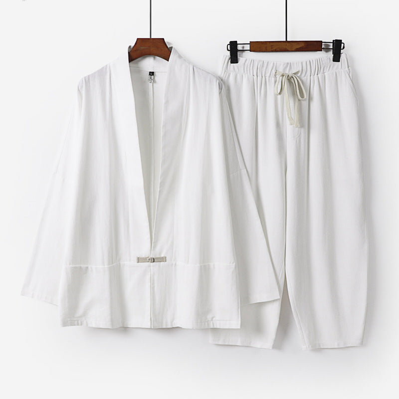 Unisex Lässiges Kimono-Loungewear-Set aus leichtem Leinenmix mit Kordelbundhose Drune