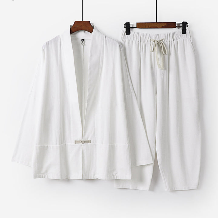 Unisex Lässiges Kimono-Loungewear-Set aus leichtem Leinenmix mit Kordelbundhose Drune