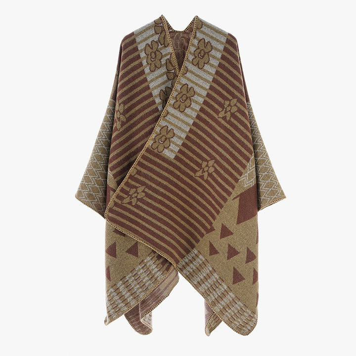 Damen Vielseitiger Strickponcho im Patchwork-Jacquard mit V-Ausschnitt und asymmetrischem Zipfelsaum Drune