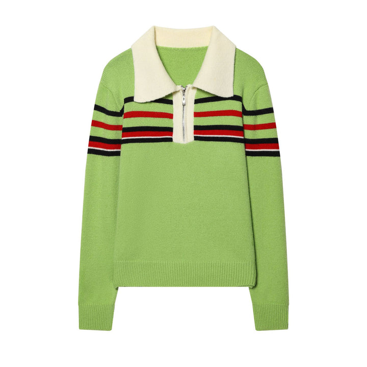 Damen nan gerippter Strickpullover mit halbem Reißverschluss, großem Kontrastkragen und gestreifter Brustpartie Drune
