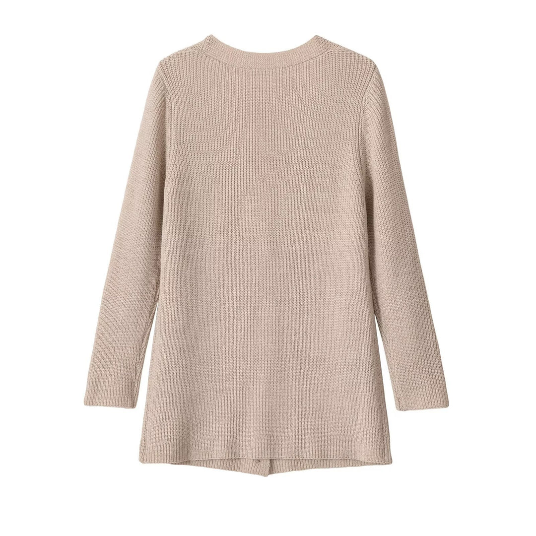Damen Longline Strickcardigan mit V‑Ausschnitt und Holzknöpfen Drune