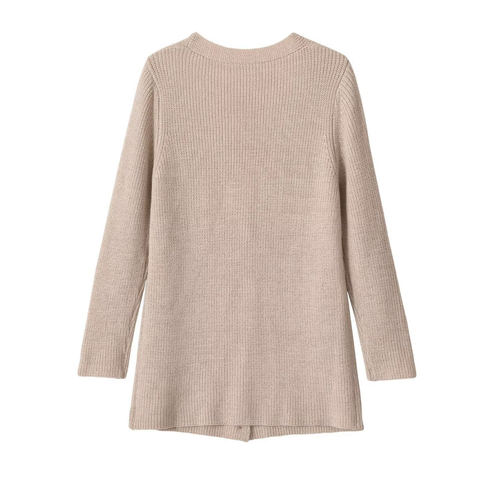 Damen Longline Strickcardigan mit V‑Ausschnitt und Holzknöpfen Drune