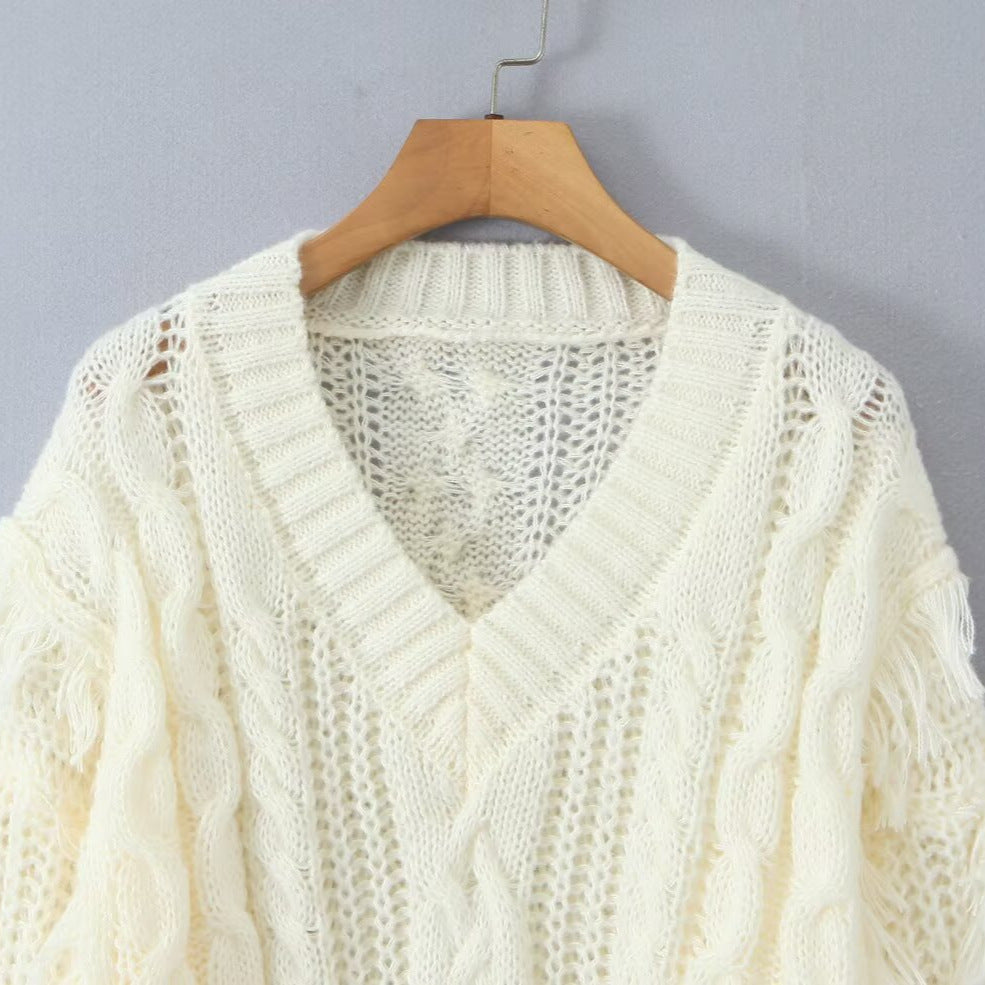 Damen Grobgestrickter V‑Ausschnitt‑Pullover mit Zopfmuster und Fransen Drune