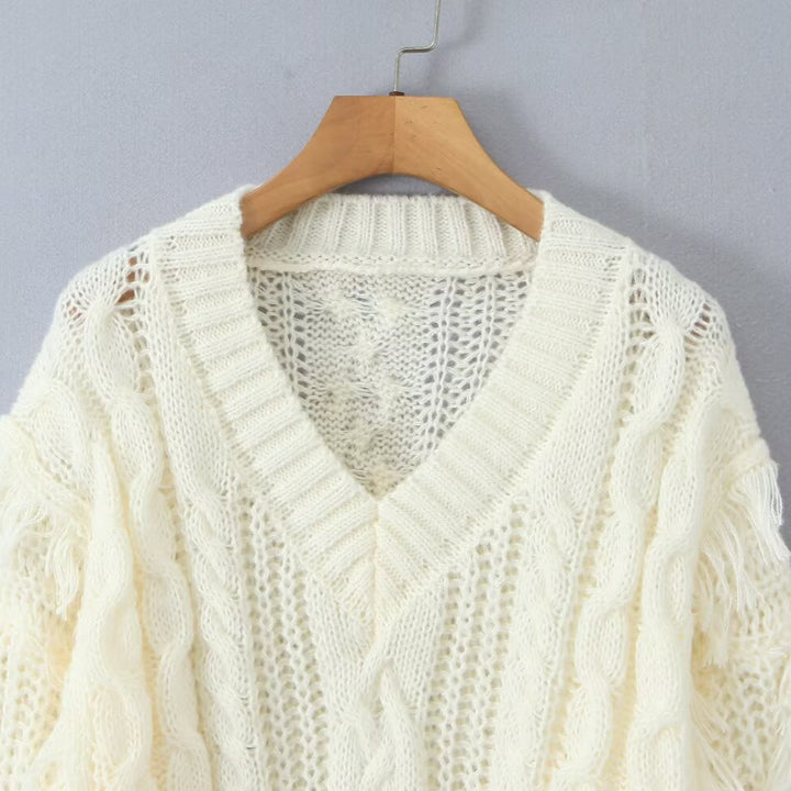 Damen Grobgestrickter V‑Ausschnitt‑Pullover mit Zopfmuster und Fransen Drune