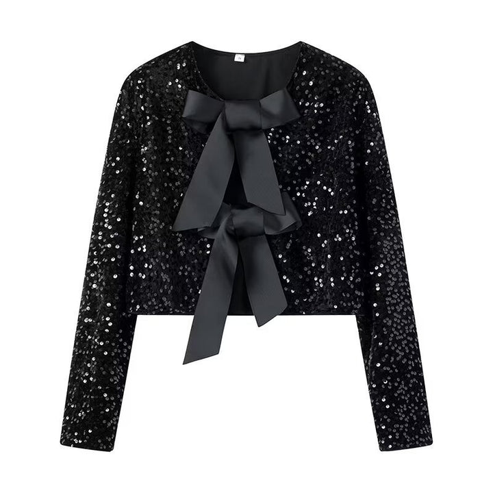 Damen Kurze Paillettenjacke mit Zierschleifen, Rundhalsausschnitt und langen Ärmeln Drune