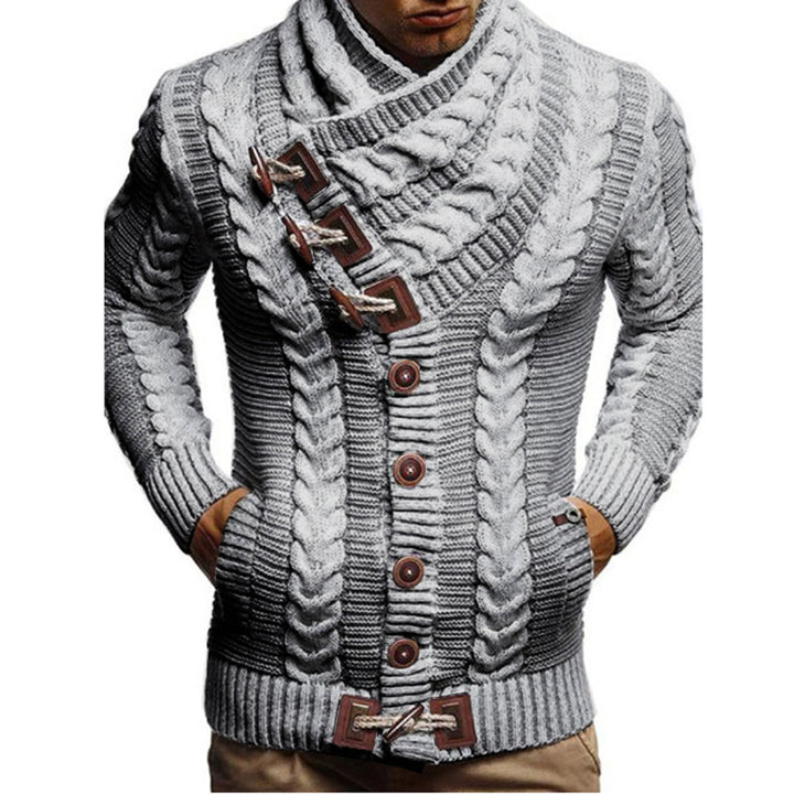 Herren Grobstrickjacke mit kreativem Schalkragen und Knopfdetails Drune