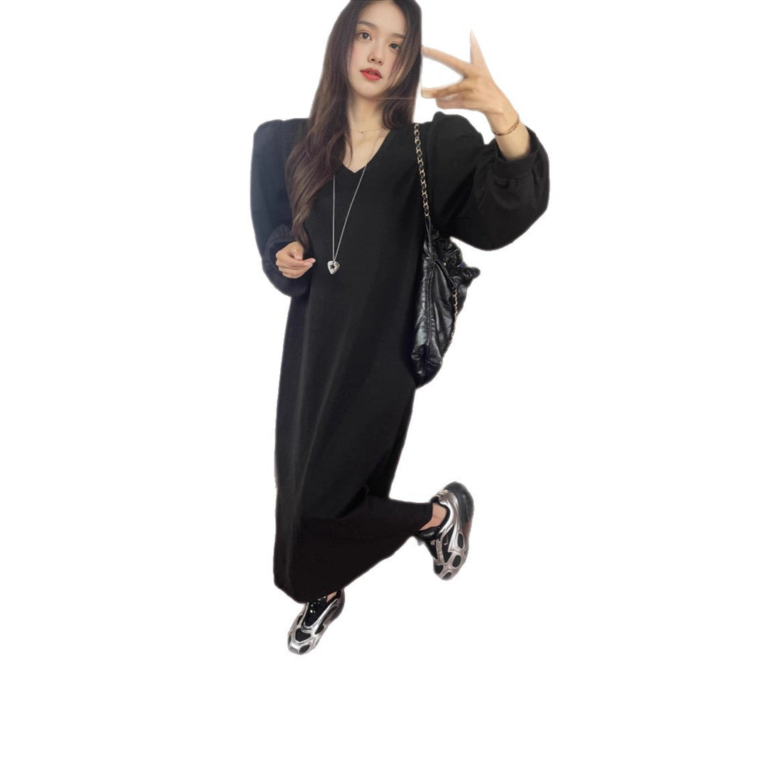 Damen Lässiges Maxi‑Sweatkleid mit V‑Ausschnitt, voluminösen Ballonärmeln und geradem Saum Drune