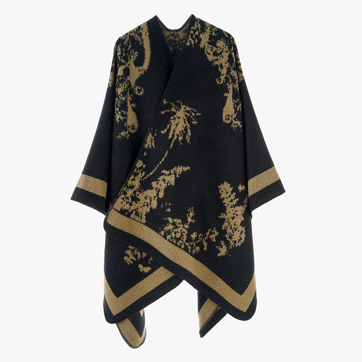 Damen Oversize-Jacquard-Cape aus Wollmix mit abstraktem Blumenmuster Drune