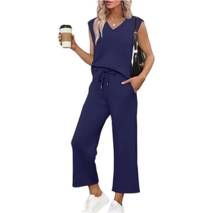 Damen Lässiges Zweiteiliges Lounge-Set mit Ärmellosem V-Neck-Top und Weiten Kordelbund-Hosen Drune