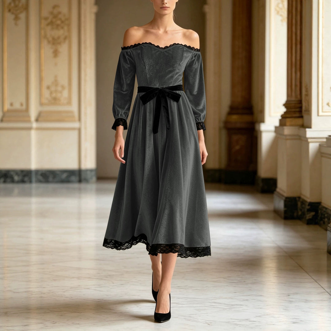 Damen Schulterfreies Samtkleid mit Spitzenbesatz, Samt-Taillengürtel und ausgestelltem Midirock Drune