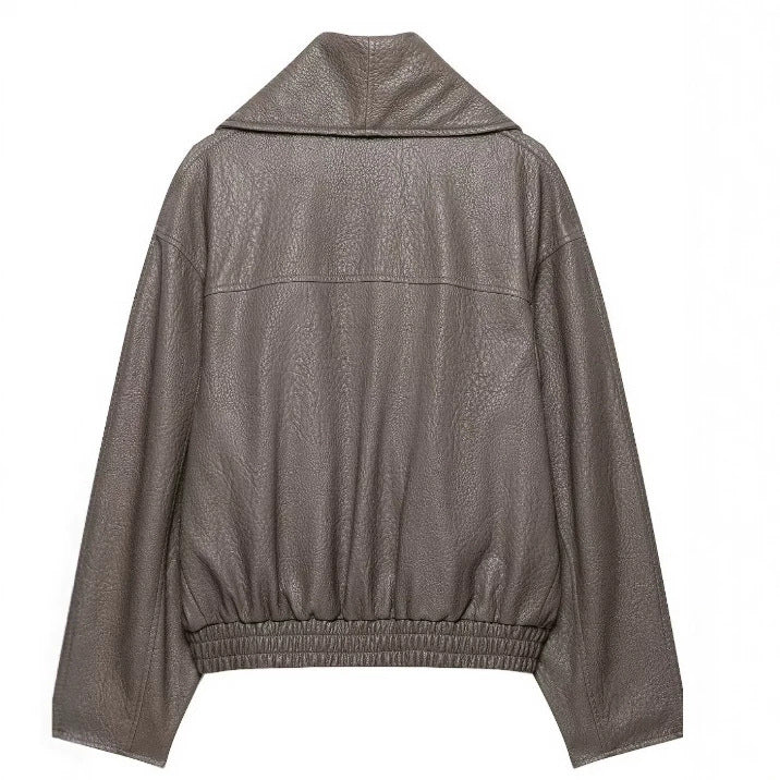 Damen Kurzjacke aus Lederimitat mit weitem Schalkragen und elastischem Saum Drune