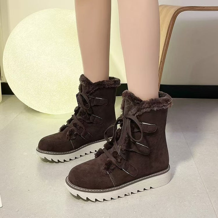 Damen nan gefütterte Schnürstiefelette mit Kunstfellkragen, elastischen Schlaufendetails und gezahnter Profilsohle Drune