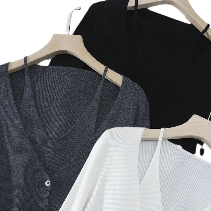 Damen feiner Rippstrick-Cardigan mit integriertem Spaghettitop und tiefem V-Ausschnitt Drune