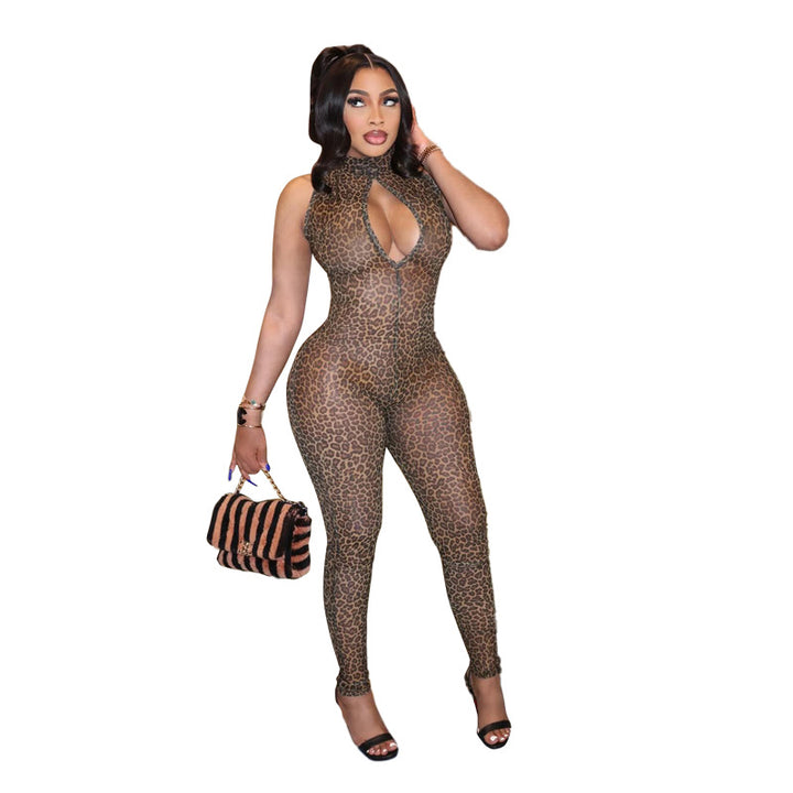 Damen Figurbetonter Jumpsuit mit tiefem Ausschnitt und Leopardenmuster Drune
