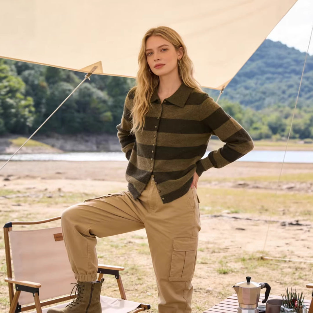Damen Gestreifte Strickjacke mit Polokragen und Knopfleiste Drune