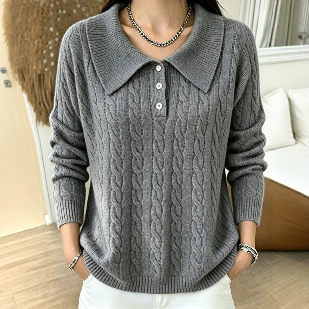 Damen Kabelstrick-Polo-Pullover mit großem Umlegekragen und lockerer Silhouette Drune
